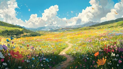 Fototapeta premium Endless Field of Vibrant Flowers Under a Bright Blue Sky with Gentle Clouds and a Serene Pathway