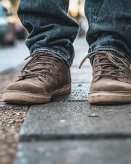 A close-up of brown laced sneakers on a city sidewalk, paired with faded blue jeans, captured in soft evening light.