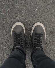 A close-up of black high-top sneakers on a textured asphalt surface, conveying a casual and urban vibe.