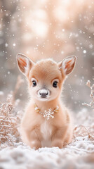 Obraz premium A small, adorable fawn with soft, fluffy fur, big sparkling eyes and a white snowflake on its neck. It stands in the forest, snowflakes falling softly from the sky.