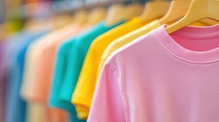 Obraz premium A variety of colorful t shirts are neatly hung on a clothes rack, showcasing different shades and styles in a bright retail space