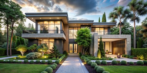 Obraz premium Elegant Luxury Home Surrounded by Lush Green Trees, Showcasing Modern Architecture and Serene Outdoor Spaces in a Picturesque Neighborhood Setting