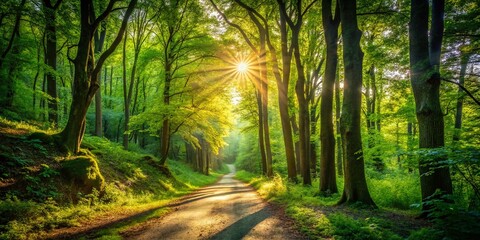 Obraz premium Enchanted Forest Pathway with Sunlight Filtering Through Green Trees - A Serene Nature Trail Perfect for Summer Hiking Adventures