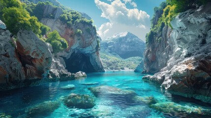 Obraz premium Stunning natural landscape featuring a captivating coastal cove with turquoise crystal clear waters lush green vegetation and towering rocky cliffs in a secluded and picturesque paradise setting