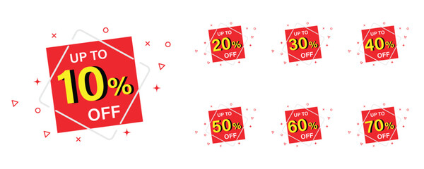 discount sticker product tag set. shopping discount label badge with up to 10, 20, 30, 40, 50, 60, 70 percent off text. transparent png and vector.