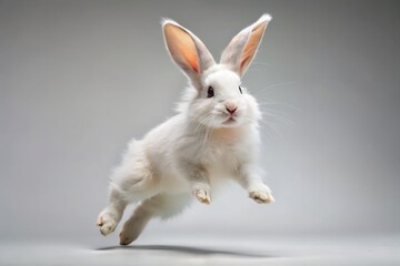 Obraz premium Energetic White Rabbit Dancing and Jumping Isolated on a Background for Product Photography
