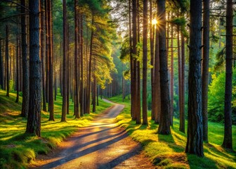 Obraz premium Enchanted Pathway Through a Tranquil Pine Forest Surrounded by Lush Greenery and Soft Sunlight Filtering Through the Trees, Ideal for Nature Lovers and Adventurers
