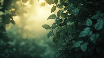 Naklejka premium Lush green leaves illuminated by soft light in a serene, misty environment.