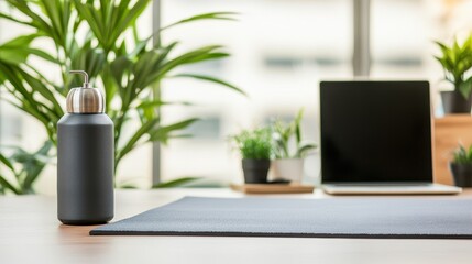 Fototapeta premium Productivity and Healthy Concept, Modern Home Gym Corner with Yoga Mat and Hydration Station in Bright Green Indoor Space