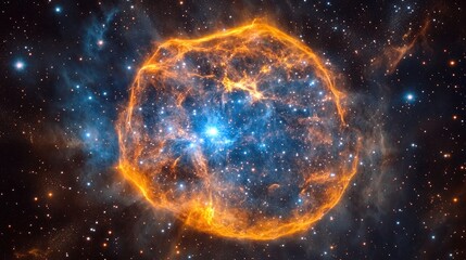 Obraz premium A vibrant nebula glows with orange and blue hues amidst stars