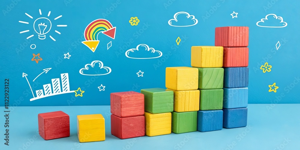 Poster A stack of wooden blocks with a rainbow and clouds in the background