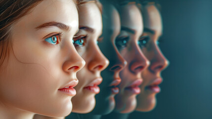 bipolar disorder people emotion mental woman. Close-up photo of a young beautiful sad woman suffering from multiple personality disorders 