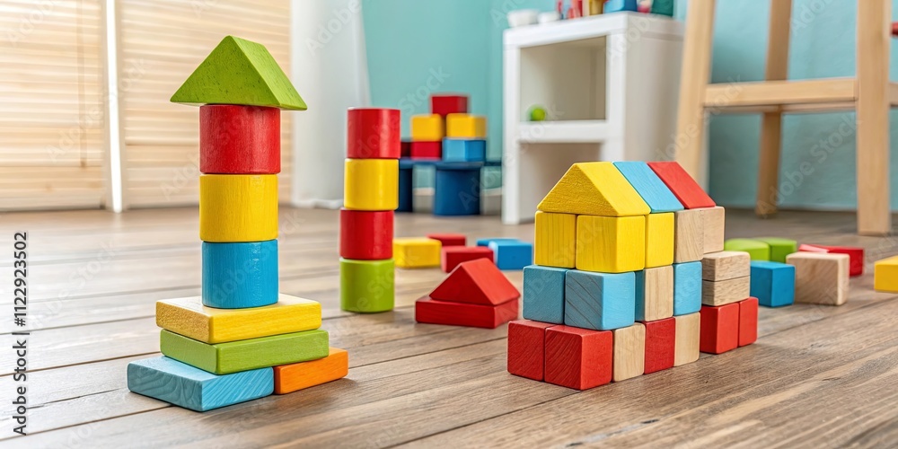Aufkleber A room with a large stack of wooden blocks and a small tower of blocks