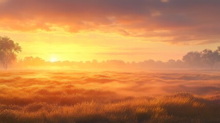 Obraz premium A breathtaking sunrise paints the sky with warm colors as mist rises from a grassy field.