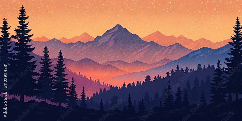 Poster a mountain range with a beautiful sunset in the background
