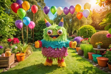 Naklejka premium Enchanting Landscape Scene with a Colorful One-Eyed Monster Piñata Perfect for Kid's Birthday Parties under a Bright Blue Sky and Lush Greenery, Adding Fun to Celebrations