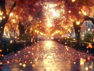 Fototapeta premium Autumnal Pathway Illuminated By Golden Sunset Light