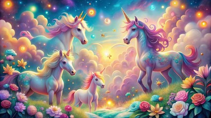 Obraz premium Enchanting Low Light Photography of a Sweet Pattern Featuring Whimsical Unicorns with Colorful Accents and Dreamy Backgrounds for a Magical Aesthetic Appeal