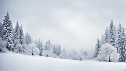 Obraz premium A snowy landscape with space to copy, evergreen trees in the snow, gentle snowfall, conveying the essence of winter silence.