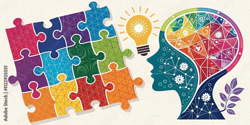 Poster a colorful puzzle with a light bulb on top of it