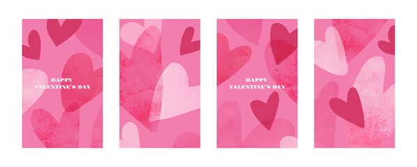 Set of beautiful trendy Valentine's day cards. Watercolor hearts. Romantic design templates for February 14 or wedding invitations. Elegant vector illustrations.