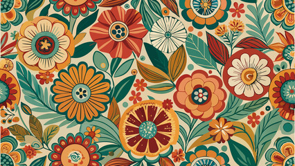 Fototapeta premium Vibrant Retro Vintage Floral Pattern Design, seamless pattern