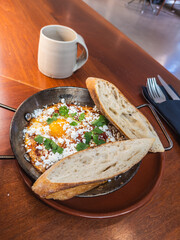 Savory Breakfast with Eggs, Bread, and Coffee