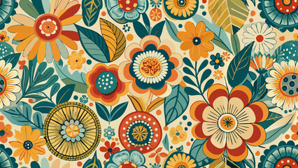 Fototapeta premium Vibrant Retro Vintage Floral Pattern Design, seamless pattern