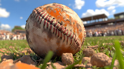 Close-up View of Worn Baseball on Grass Field Under Bright Sky