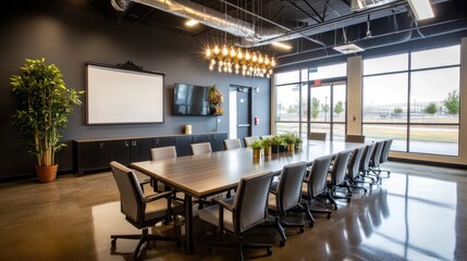 Modern conference room with large table, chairs, plants, and windows.