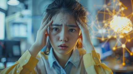 Portrait stressed young business woman having headache with worried face expression and brain melting into lines question marks. Obsessive compulsive, adhd, anxiety disorders concept