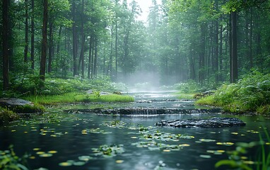 Obraz premium Serene rainforest stream with misty atmosphere, lush greenery, and calm water flowing over rocks.