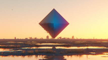 A stunning floating pyramid in a scenic landscape at sunset, showcasing vibrant colors and an abstract design.