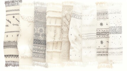 Fototapeta premium A collection of cozy, textured blankets with intricate designs in neutral tones for a warm, inviting atmosphere.