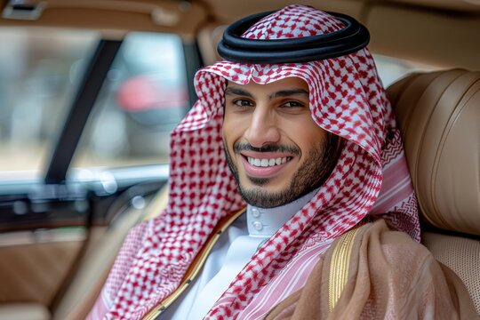Wealthy arab individual dressed in traditional attire relaxing in limousine while using smartphone