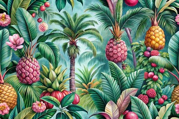Obraz premium Exotic Tropical Fruits Pattern with Pink Palms and Lush Green Jungle Trees for Hand-Drawn Oriental India Wallpaper Mural, Capturing the Essence of Vibrant Tropics