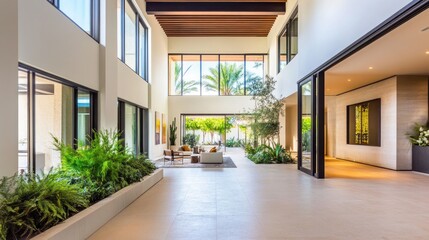 Sunlit modern home interior with high ceilings, expansive windows, and indoor plants.