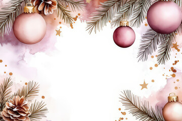 Watercolor Christmas Ornaments and Pine Cones Border Design, space for text, invitation template