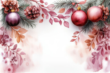 Watercolor Christmas Ornaments and Pine Cones Border Design, space for text, invitation template