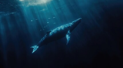 Fototapeta premium Blue whale swimming gracefully through the deep ocean with small fish accompanying it