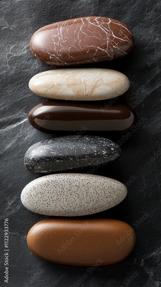 Poster a captivating display of smooth stones in trendy mocha colors arranged harmoniously on a dark surfac