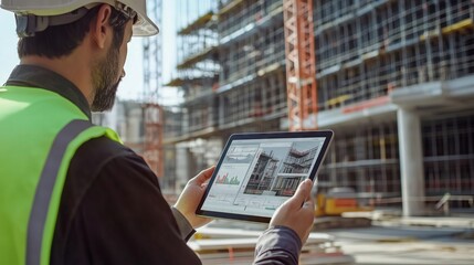 Construction site supervisor using digital tablet analyzing data for project management