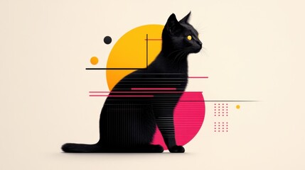 Minimalist halloween cat illustration in modern collage style