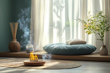 A tranquil and minimalist room with soft, muted colors of teal blue and cream beige