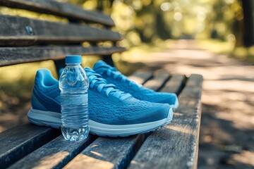 Blue running shoes and a bottle of water on a wooden bench in a park, close-up view. Concept for a sports activity with copy space.