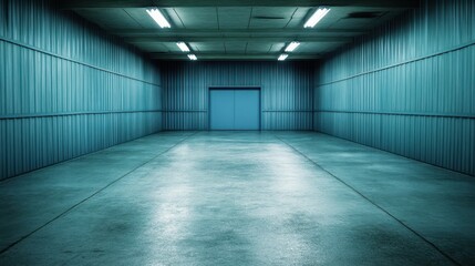 Empty, industrial, warehouse interior with a single door.