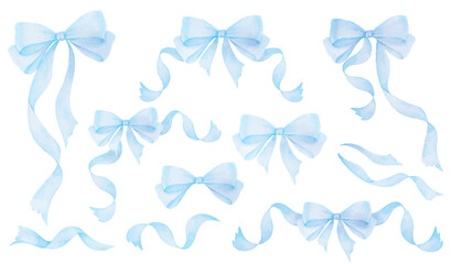 Coquette blue ribbon bow watercolor set isolated on white background. A delicate and charming hand drawn illustration. Perfect for greeting cards, printing and other design projects.