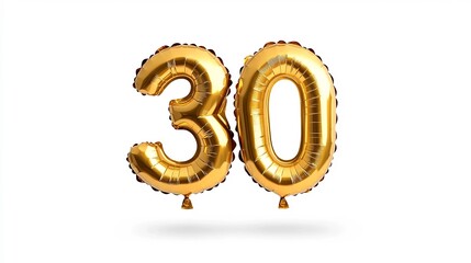 Festive golden number 30 birthday milestone balloon on white watercolor background