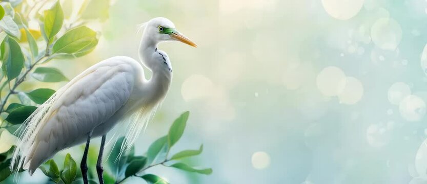 White egret standing on a branch with green leaves and a soft, blurred background.