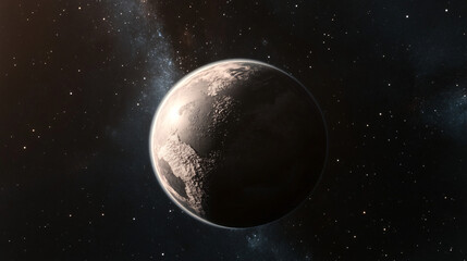 Fototapeta premium An awe-filled view of Earth glowing softly in space, with shadowed edges fading into the stars.